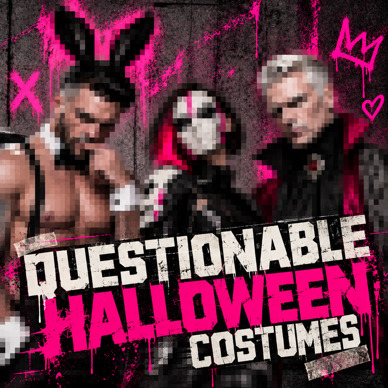 Pixelated Halloween poster of Ditch in bunny ears, Glitch in a futuristic mask and Merge in a vampire cape