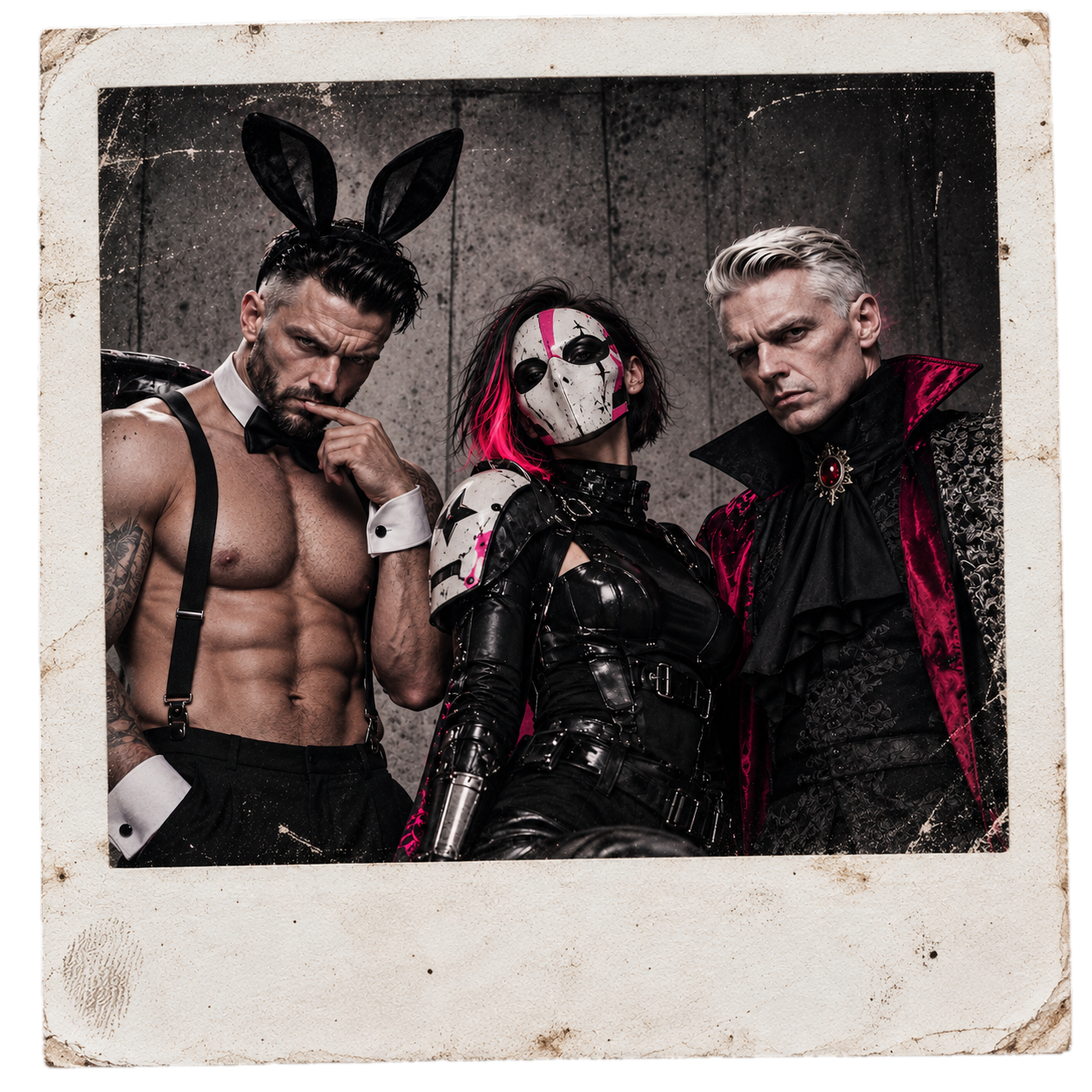 Polaroid of the three in their Halloween costumes: bunny ears and a bow tie, a masked sci-fi suit and a vampire cape