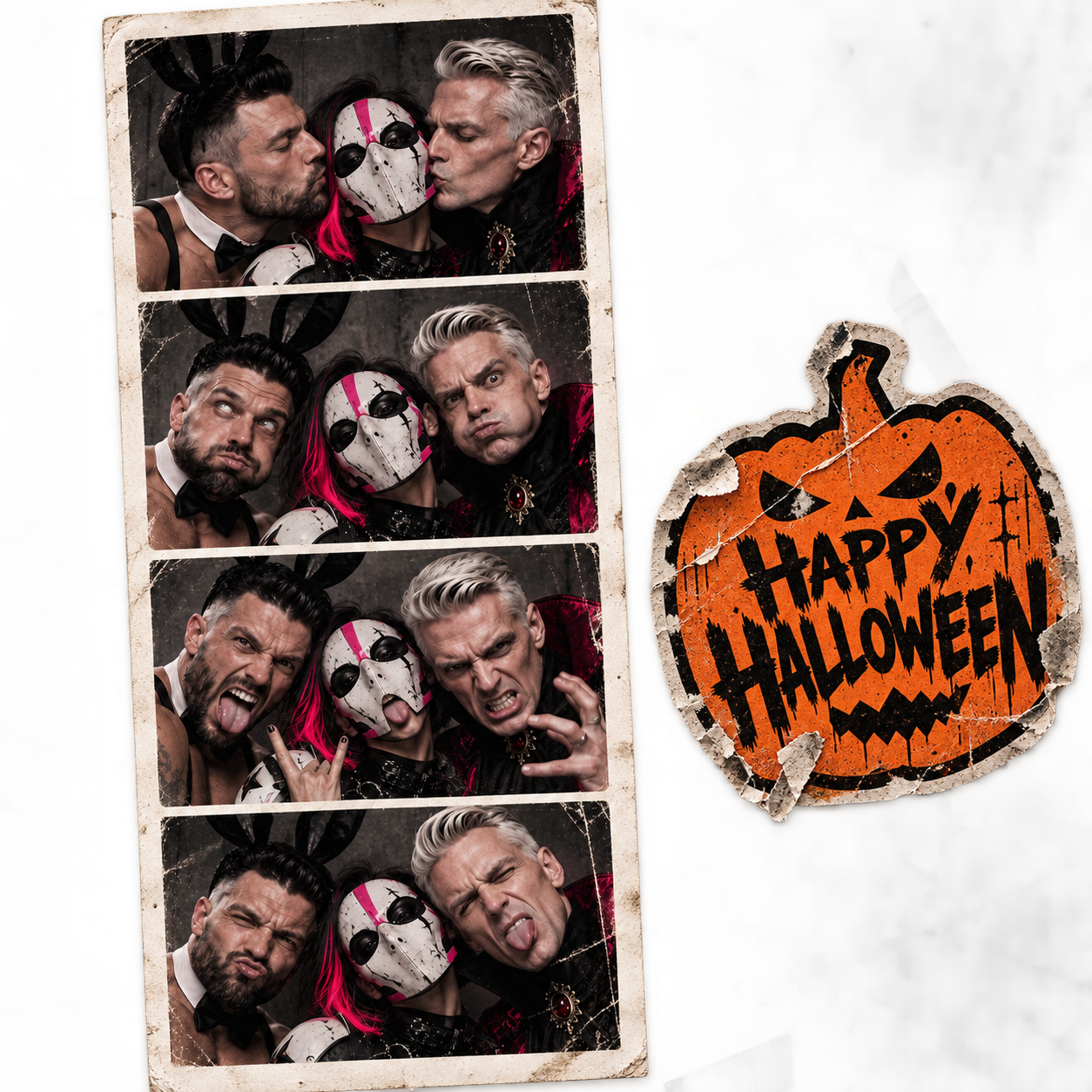 Photo booth strip of the trio pulling faces in their costumes next to a carved pumpkin sticker reading Happy Halloween