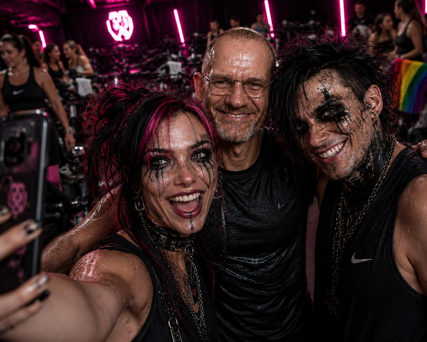 Ditch and Glitch taking a selfie at the Stockholm Pride Ride spin class