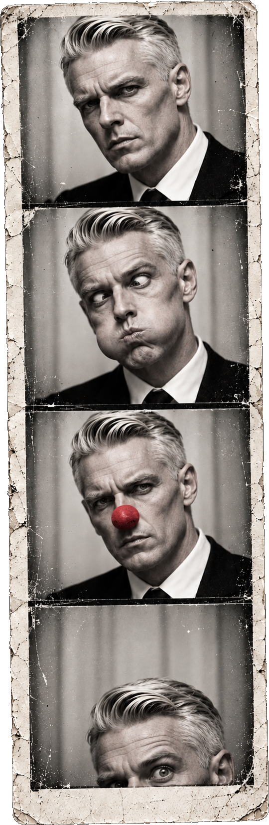 Merge pulling faces in a vintage photo booth strip, one frame with a red clown nose