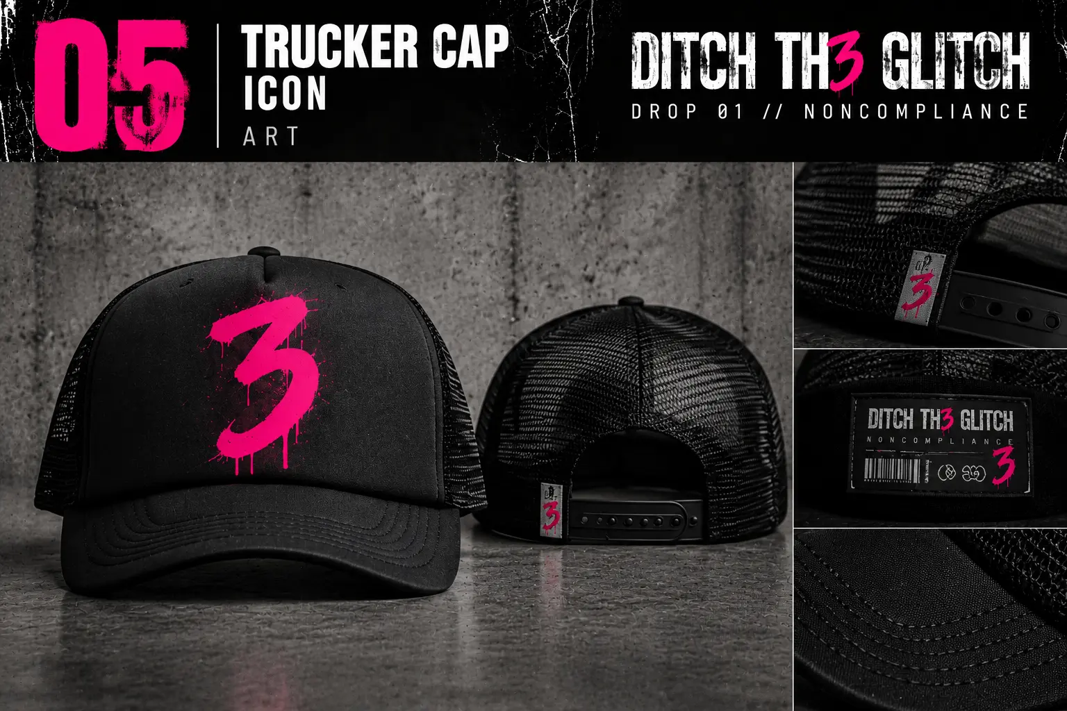 Trucker cap — Icon art, front, back and print details