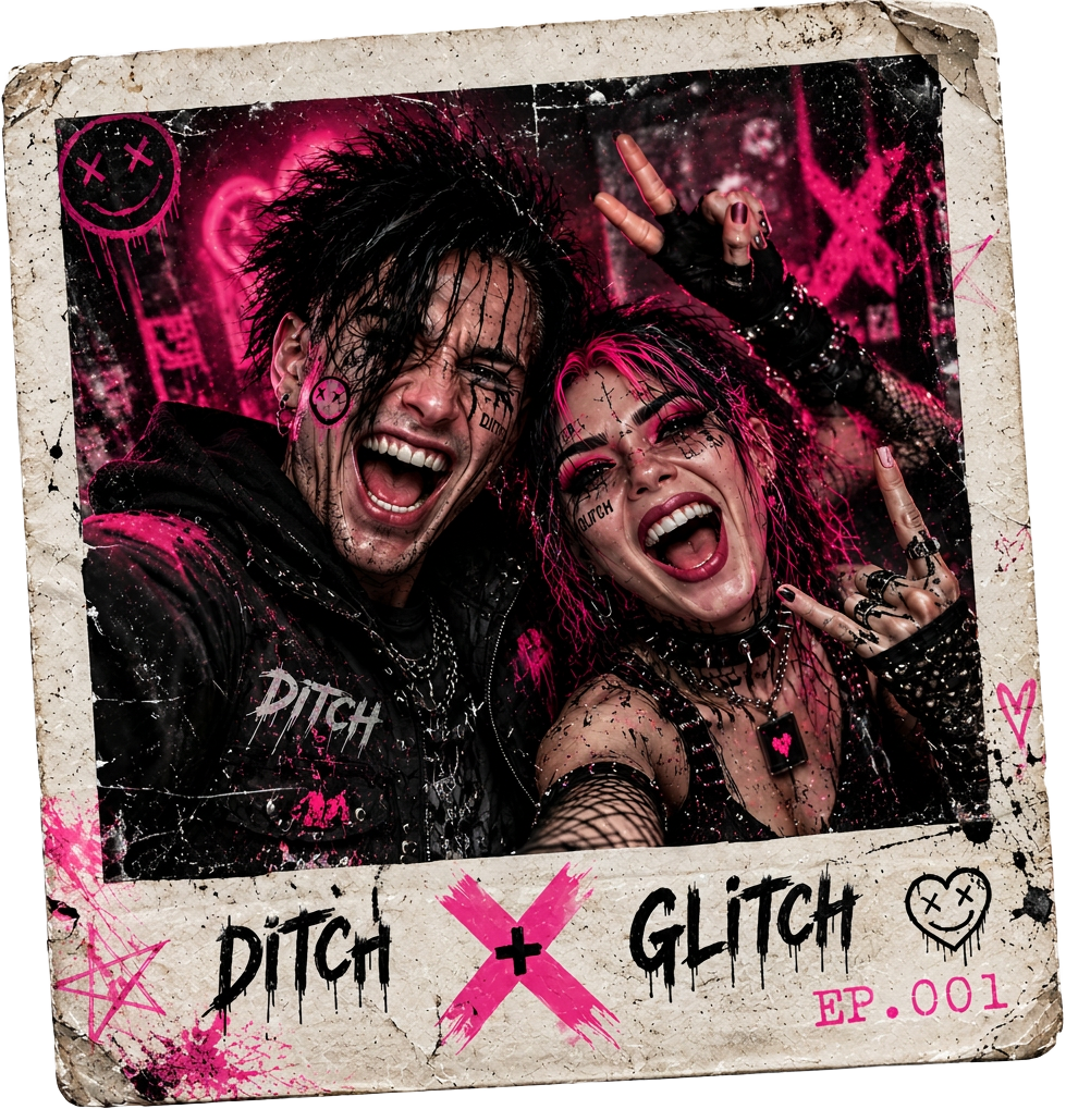 Polaroid of Ditch and Glitch screaming into the camera in their original look