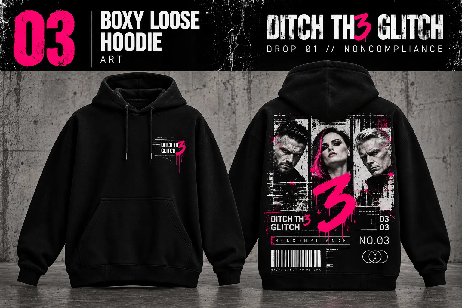Boxy loose hoodie — Art, front, back and print details