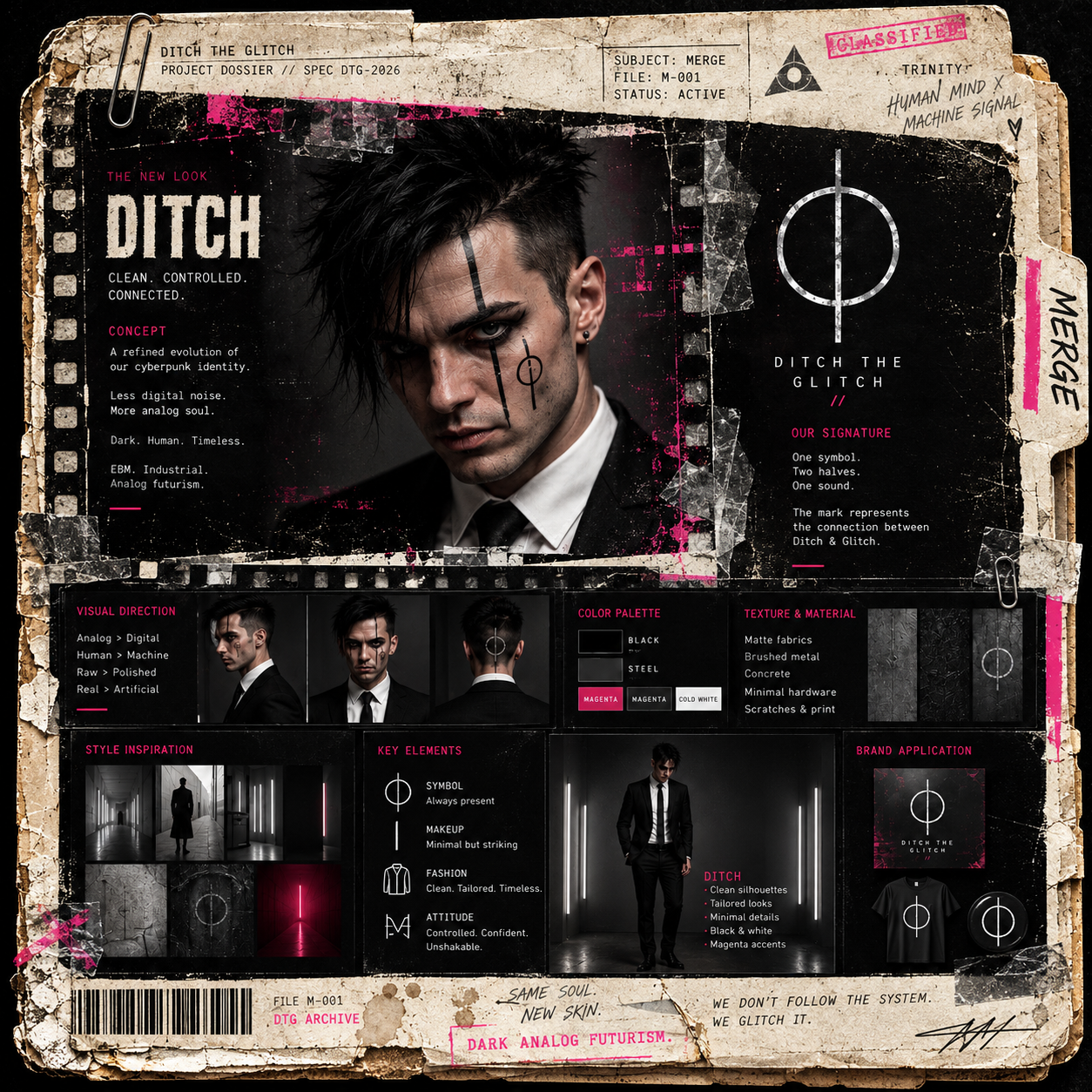 Ditch's original look: classified analog dossier, clean suit and controlled style