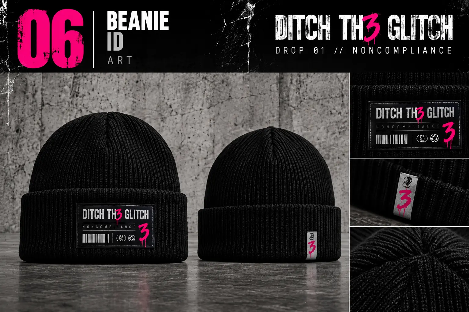 Beanie — ID art, front, back and print details