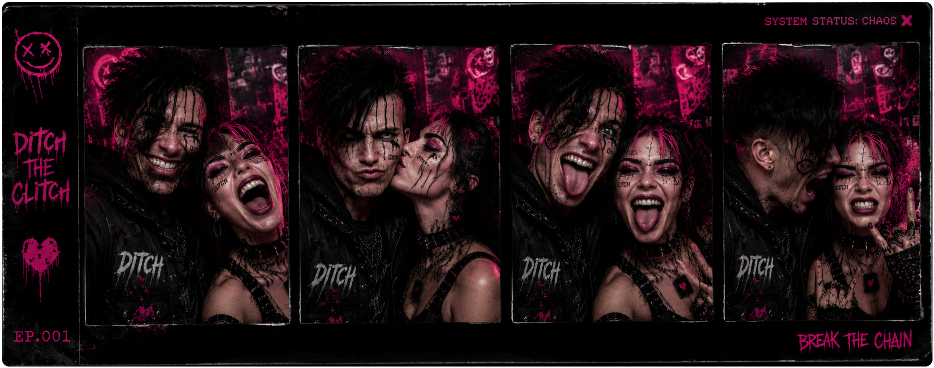 Photo booth strip of Ditch and Glitch goofing around, kissing and pulling faces